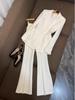 Moda Europea y Americana de Negocios Estrellada Botón de Tela Botón de Hebilla Traje Pantalón de Campana Traje de Mujer Conjunto de Dos Piezas