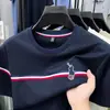Camiseta Bordada de Qualidade para Homens, Camiseta Fina de Algodão Mercerizado para o Verão com Gola Redonda, Top Leve para Negócios Casuais Masculino de Manga Curta