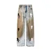 Jeans de Perna Larga Patchwork Bordado Ponto Cruz Retro Americano para Homens e Mulheres, Calça Casual Versátil de Perna Reta Nova de Verão Tendência