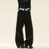 Pantalones de chándal de pierna ancha con bloqueo de color rojo y azul, costuras curvas en contraste, cintura elástica con cordón, cintura alta, caída holgada, pantalones deportivos negros largos hasta el suelo