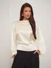 Ropa Femenina Transfronteriza Europea y Americana Escote Barco Satín Ceñidor de Cintura Top Mangas de Farol de Lujo Ligero Temperamento para Viajar Simple Versátil Dama Larga