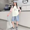 Shorts Jeans da Moda Conjunto de Manga Curta para Meninas Moda Verão Camiseta Solta Fina Roupa Infantil para Meninas de 9 Anos ou Mais Perna Reta