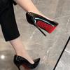 Zapatos de Tacón Alto con Suela Roja y Pedrería para Mujer, Tacones Finos, Nuevo Estilo 2025, Impresionantemente Hermosos y Sexys, Zapatos Individuales Elegantes Negros de Punta Fina para Verano