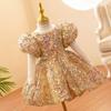 Nuevo Estilo de Vestido para Niña de un Año, Falda Tutú Dorada con Lentejuelas y Mangas Abullonadas para Niños, Vestido de Piano para Niña Pequeña