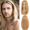 Peluca transfronteriza nueva europea y americana para hombre, cabello largo lacio castaño, fibra química, tocado, reflejos castaños, venta directa de fábrica