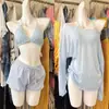 Conjunto de Bikini de Cuatro Piezas para Mujer con Mangas Largas, Estampado Floral Fresco, Adecuado para Aguas Termales, Ropa de Baño Pura y Sexy para Vacaciones