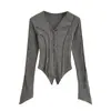 Diseño de Estilo Puro Deseo Sentido del Diseño Irregular Punto de Canalé con Puntada Inversa Prenda Base Cardigan Otoño Nuevo Ajustado Personalidad Top para Mujer