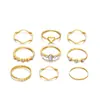 Venta transfronteriza simple anillo nuevo hueco de amor estilo europeo y americano geométrico con forma de ola anillo de 9 piezas