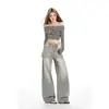 Calça jeans de cintura alta, modelagem solta, cor cinza mocha, para mulheres, lançamento 2026, estilo de perna larga ondulada cinza versátil, para primavera e outono.