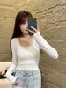 Top liso de manga larga ajustado con cuello en U para mujer, nuevo estilo coreano de otoño, camiseta elegante de cintura alta