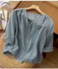 Blusa de Algodão com Manga Sete Outono Fina Respirável Camisa Primavera e Verão Estilo Retrô plus size Decote V Curta