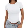 2025 Casual de Verão Versátil Ajustado Gola Redonda Alta Camiseta Manga Curta Slim Estilo Hot Girl Europeu e Americano Tops Efeito Emagrecedor