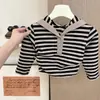 NingliEste conjunto é tão coreano! Conjunto de Outono para Meninas Manga Longa Listrada Macacão Cor de Café Estilo Coreano Conjunto de Duas Peças Tendência