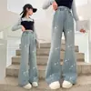 Jeans para niñas, nuevo estilo de primavera, pantalones acampanados elásticos elegantes para niños, pantalones casuales de cintura alta con pedrería para niños mayores, modernos