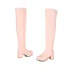 Botas longas femininas transfronteiriças de outono e inverno, bico redondo, plataforma impermeável, salto médio, botas femininas plus size, zíper lateral, salto quadrado, botas over-the-knee de cor sólida