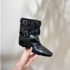 Botas ankle boot bootcut de bico quadrado retrô francesas para mulheres, nova coleção outono 2026, com sola macia, design interno que aumenta a altura e detalhes de fivela, botas estilo western
