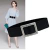Cinturón ancho con hebilla cuadrada versátil, estilo europeo y americano, decorativo, elástico, con diamantes de imitación, cintura ajustada, con sello de cintura, para mujer, color negro