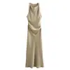 Comércio Exterior Estilo Europeu e Americano Outono Novo Vestido Midi Elegante Feminino Sem Mangas com Textura de Cetim de Seda