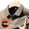 Camisa Polo Grossa Forrada com Fleece para o Inverno, Peça Falsa de Duas Peças, Camiseta Integrada com Gola em Fleece, Blusa Térmica de Manga Longa Listrada
