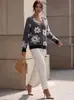Cárdigan de Punto con Estampado Floral Transfronterizo Europeo y Americano Amazon Otoño 2026 Sitio Independiente Abrigo Suéter Jacquard de Cuello en V