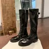 Botas de montar retro para mujer de cuero de vaca lavado, punta redonda, detalle de hebilla, suela gruesa, caña alta, botas largas, tacón grueso, botas ajustadas
