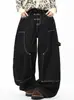 Hebilla de Avión Retro Americana Transfronteriza Hoja Curva Hombres y Mujeres Holgados Pierna Ancha Versátil Diseño de Costuras de Contraste Pantalones Largos Jeans