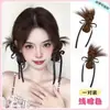 Pinza para el pelo de plumas de pollo con pelo sintético integrado, moños dobles de cinta para chica vivaz, peluca de moño esponjoso natural
