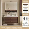 Nuevo mueble de baño de estilo minimalista con lavabo integrado de cerámica, armario espejo multifuncional de almacenamiento y combinación de madera maciza