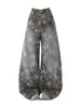 Jeans de estilo retro americano con estampado de estrellas para mujer, nuevo diseño de otoño, pantalones holgados rectos de pierna ancha, pantalones de corte curvo