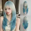 Moda feminina em alta no TikTok, cabelo longo liso de seda fosca com franja desfiada e tiara de rede rosa em camadas, fabricante em estoque
