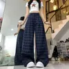Pantalones casuales holgados de cuadros azules de cintura baja estilo retro americano para hombres y mujeres, estilo casual, pantalones de pierna ancha rectos adelgazantes de longitud de piso, modernos