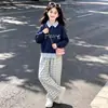 Estilo académico perezoso artístico otoño temprano nuevo sudadera con capucha de retazos a rayas solapa conjunto de pantalones casuales versátil estilo coreano para niñas