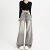 Versátiles Jeans Nuevos Estilo Para Personas Bajas Mujer Gris Moca Adelgazantes Retro Cintura Alta Pantalones de Pierna Ancha Pantalones de Caída Largo hasta el Suelo
