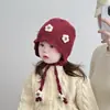 Gorro de Lana Tejido para Otoño e Invierno con Forro de Felpa, Engrosado, Cálido, Protección para Orejas, Trenzas, Cinco Flores Pequeñas, Niños Bebés e Infantes, Transfronterizo