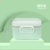 Dispensador portátil de fórmula infantil para uso em movimento, apresentando uma caixa de armazenamento selada de grande capacidade com uma alça para facilitar o transporte