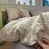 Conjunto de quatro peças em gaze plissada estilo princesa, algodão puro lavado com acabamento em renda, imitação de algodão ultrassuave para dormir sem roupa, conjunto de três peças para estudantes