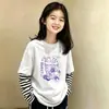 Camiseta de manga larga de dibujos animados para niñas, look de dos piezas de otoño, nuevo modelo 2026, camiseta base de algodón puro para niños mayores