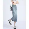 Falda de mezclilla tencel con abertura en forma de pera para mujer, delgada de verano talla grande, falda midi de línea A de tencel