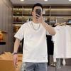 Camiseta masculina rasgada, primavera e outono de 2024, com clipe de papel, base decorativa, manga curta, personalidade, moderna, cor sólida, gola redonda, meia manga