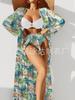Blusa de malla de encaje de manga larga con estampado, traje de baño bikini largo de tres piezas con abertura, para mujer, transfronterizo, europeo y americano, con soporte de acero