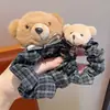 Elástico de cabelo de pelúcia de urso de desenho animado para menina, elástico de tecido xadrez vintage, doce acessório de cabelo para meninas