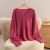 Suéter de punto polar sin costuras con cuello en V para mujer, corte holgado, agradable para la piel, cálido y perfecto como prenda para superponer en otoño/invierno, ofreciendo un ajuste relajado y cómodo.