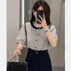 Camisa Listrada de Manga Curta Colorblock Crewneck para Mulheres 2024 Verão Nova Solta Emagrecimento Casual Puff Manga Pequena Camisa