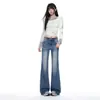Jeans boca de sino lavado retrô americano para mulheres, estilo high street slim-fit, calças boca de sino estilosas e versáteis