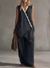 Conjunto de Dos Piezas de Algodón Puro con Cuello en V y Falda con Abertura, Estilo Europeo y Americano Nuevo Verano 2026 para Mujer, Atuendo de Moda y Sexy de Cintura Alta