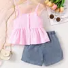 Top de Tirantes Irregulares de Cuadros Rosas, Jeans Vintage, Ropa de Playa Dulce y Fresca para Niñas, Nuevo de Verano Europeo y Americano Transfronterizo