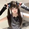 Cabello Falso Ji Xiao Mi Cera Cabello Lacio Largo Femenino Lolita Meng Mei Shao Luo Qi Flequillo Marrón Frío 70cm Cabello Lacio Doble Cola de Caballo
