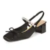 Sapatos Mary Jane com Salto Bloco, Laço e Strass para Mulheres 2025 Novo Estilo Francês Sandálias de Uma Tira para Combinar com Saias