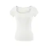 Camiseta de manga corta con volantes y cuello en U color caqui para mujer, Nuevo estilo de verano, Estilo de deseo puro, Corte ajustado, Versátil, con bolsillos, Camiseta básica