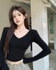 Top Negro Sexy de Cuello Redondo Ajustado Corto Verano Ajuste Delgado Hombrera Integrada Hombro Derecho Manga Larga Camiseta Ropa Interior